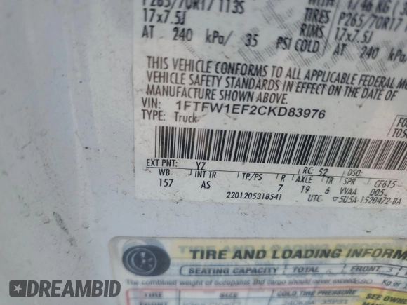 2012 Ford F-150 XL с VIN 1FTFW1EF2CKD83976, выставлен на аукционе IAAI как лот 42556199 с пробегом 235 686 миль миль и . История ставок и продаж доступна на DreamBid. Изображение 4.