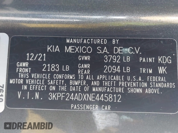 2022 Kia Forte LXS with VIN 3KPF24ADXNE445812, listed as a IAAI auction lot 40752513 with 0 mi miles. Bid and sale history available at carsss.com. Image 9.