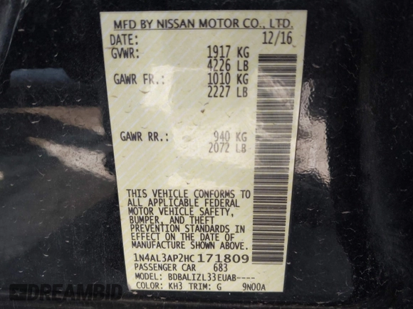 2017 Nissan Altima SV with VIN 1N4AL3AP2HC171809, listed as a IAAI auction lot 41996975 with 137,534 mi miles and . Bid and sale history available at DreamBid. Image 9.