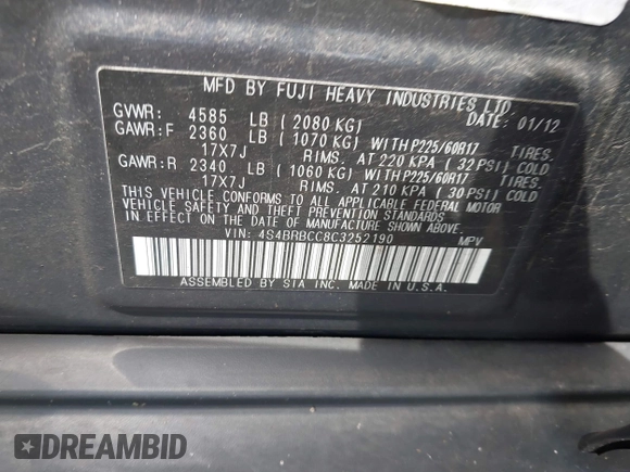 2012 Subaru Outback Prem with VIN 4S4BRBCC8C3252190, listed as a IAAI auction lot 42638064 with 145,051 mi miles and . Bid and sale history available at DreamBid. Image 9.