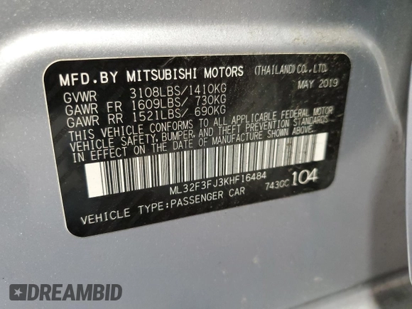 2019 Mitsubishi Mirage G4 ES with VIN ML32F3FJ3KHF16484, listed as a Copart auction lot 59752864 with 90,614 mi miles and Salvage Title. Bid and sale history available at carsss.com. Image 12.