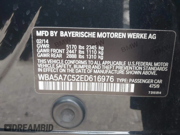2014 BMW 5 Series 528i xDrive with VIN WBA5A7C52ED616976, listed as a IAAI auction lot 42067334 with 98,286 mi miles and . Bid and sale history available at DreamBid. Image 9.