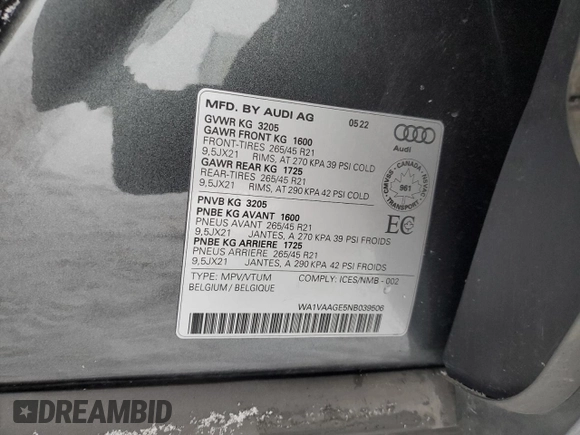 2022 Audi e-tron Prestige with VIN WA1VAAGE5NB039506, listed as a Copart auction lot 83216424 with Not provided miles and Salvage title. Bid and sale history available at DreamBid. Image 12.