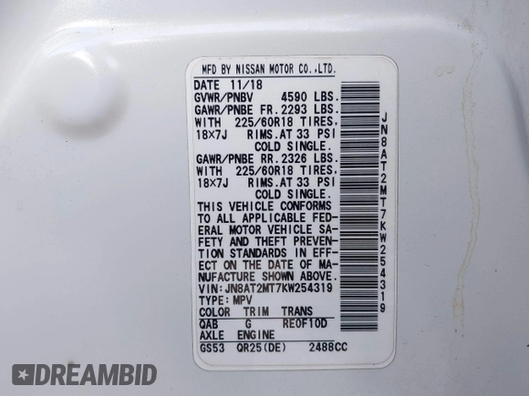 2019 Nissan Rogue SV with VIN JN8AT2MT7KW254319, listed as a IAAI auction lot 41775182 with 51,411 mi miles and . Bid and sale history available at DreamBid. Image 9.