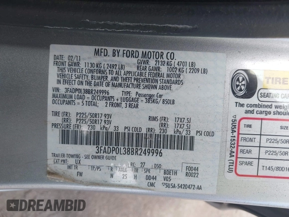 2011 Ford Fusion Hybrid with VIN 3FADP0L38BR249996, listed as a IAAI auction lot 42452194 with 111,316 mi miles and . Bid and sale history available at DreamBid. Image 9.