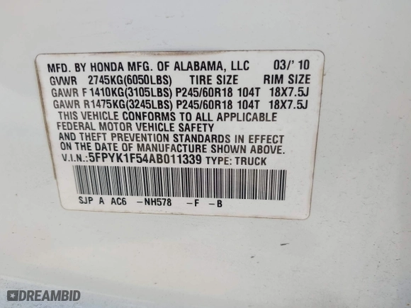 2010 Honda Ridgeline RTL with VIN 5FPYK1F54AB011339, listed as a IAAI auction lot 41983918 with 201,124 mi miles. Bid and sale history available at carsss.com. Image 9.