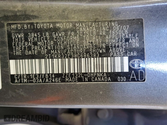2008 Toyota Matrix STD with VIN 2T1KR32E38C686383, listed as a Copart auction lot 53253935 with 155,430 mi miles and Salvage Title. Bid and sale history available at DreamBid. Image 12.