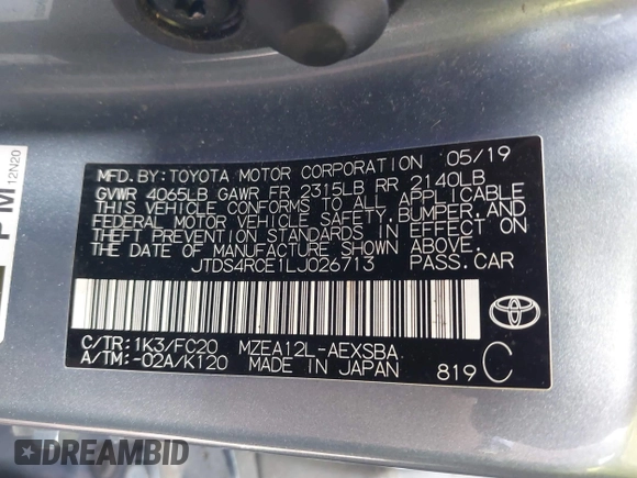 2020 Toyota Corolla SE with VIN JTDS4RCE1LJ026713, listed as a IAAI auction lot 41709761 with 89,574 mi miles and . Bid and sale history available at DreamBid. Image 9.