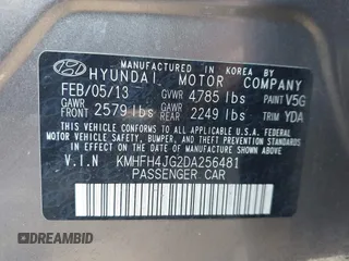 2013 Hyundai Azera with VIN KMHFH4JG2DA256481, listed as a IAAI auction lot 41673405 with 180,130 mi miles and . Bid and sale history available at DreamBid. Image 9.