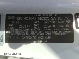 2021 Kia Forte GT-Line with VIN 3KPF34AD1ME327594, listed as a Copart auction lot 46951415 with 44,067 mi miles and Salvage Title. Bid and sale history available at carsss.com. Image 12.