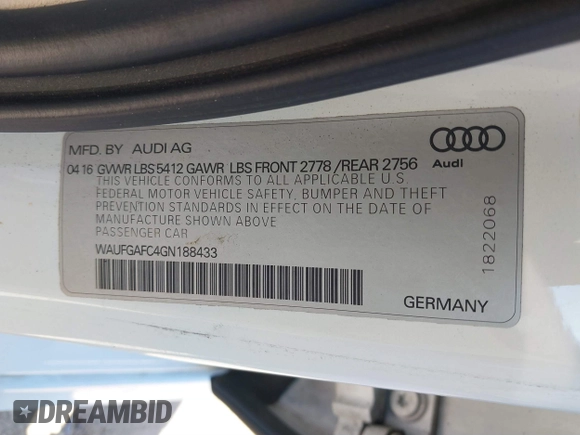 2016 Audi A6 Premium Plus with VIN WAUFGAFC4GN188433, listed as a IAAI auction lot 41751626 with 93,904 mi miles and . Bid and sale history available at DreamBid. Image 9.