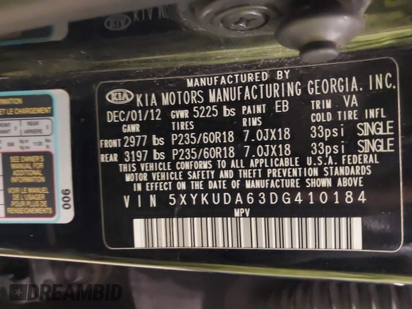 2013 Kia Sorento EX with VIN 5XYKUDA63DG410184, listed as a IAAI auction lot 41416399 with 214,623 mi miles. Bid and sale history available at carsss.com. Image 9.