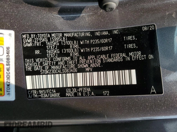 2020 Toyota Sienna LE Auto Access Seat с VIN 5TDKZ3DC4LS083406, выставлен на аукционе Copart как лот 59367425 с пробегом 28 420 миль миль и Списание • Salvage title. История ставок и продаж доступна на DreamBid. Изображение 13.