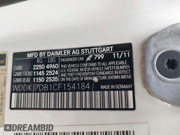 2012 Mercedes-Benz E 550 with VIN WDDKJ7DB1CF154184, listed as a IAAI auction lot 41528446 with 153,016 mi miles and . Bid and sale history available at DreamBid. Image 9.