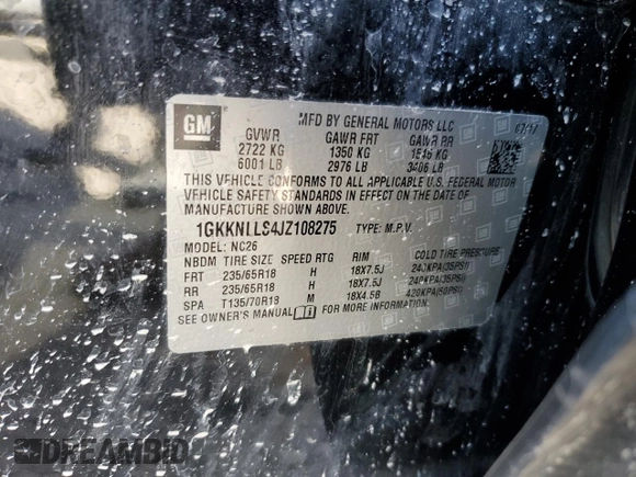 2018 GMC Acadia SLE with VIN 1GKKNLLS4JZ108275, listed as a Copart auction lot 49986125 with 100,457 mi miles and Salvage Title. Bid and sale history available at DreamBid. Image 13.