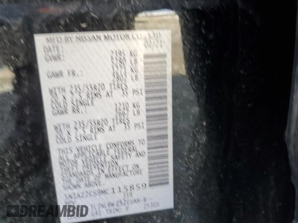 2021 Nissan Murano SL with VIN 5N1AZ2CS9MC115859, listed as a Copart auction lot 49058185 with 17,802 mi miles and Salvage Title. Bid and sale history available at DreamBid. Image 15.