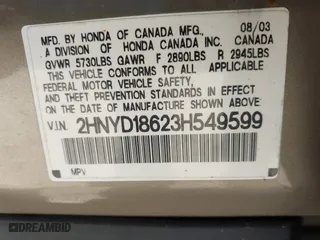 2003 Acura MDX Touring Pkg with VIN 2HNYD18623H549599, listed as a IAAI auction lot 41879934 with 242,896 mi miles. Bid and sale history available at carsss.com. Image 9.