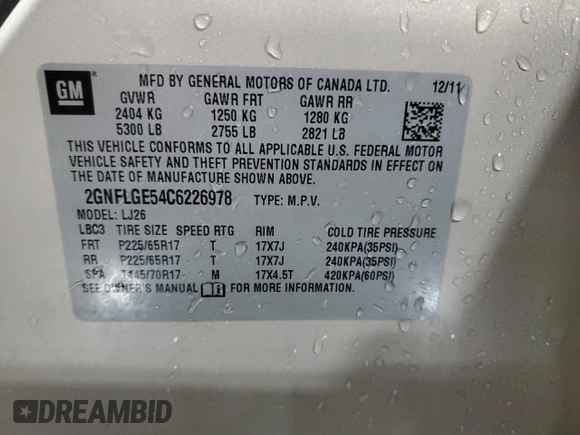 2012 Chevrolet Equinox LTZ with VIN 2GNFLGE54C6226978, listed as a Copart auction lot 43212055 with 169,789 mi miles and Salvage Title. Bid and sale history available at DreamBid. Image 13.