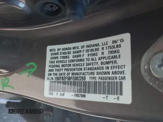 2015 Honda Civic Sedan LX with VIN 19XFB2F58FE082269, listed as a IAAI auction lot 42031294 with 105,260 mi miles. Bid and sale history available at carsss.com. Image 9.