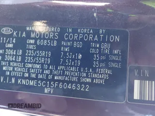 2015 Kia Sedona SX-L with VIN KNDME5C15F6046322, listed as a IAAI auction lot 41301459 with 76,026 mi miles and . Bid and sale history available at DreamBid. Image 9.