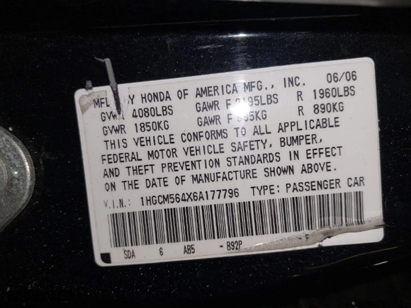 2006 Honda Accord Sdn LX with VIN 1HGCM564X6A177796, listed as a IAAI auction lot 41112847 with 135372 miles. Bid and sale history available at carsss.com. Image 9.