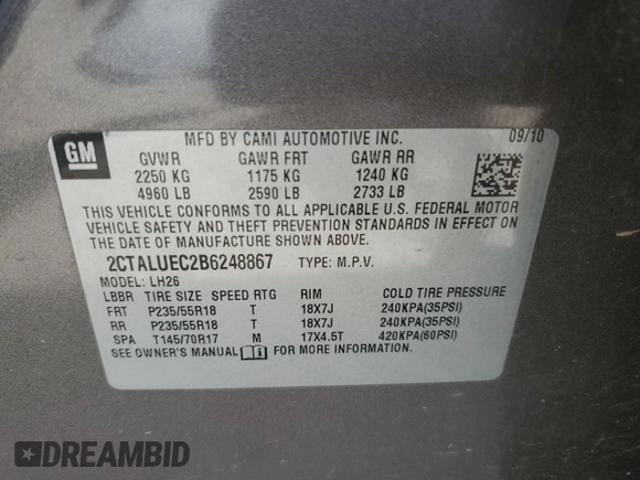 2011 GMC Terrain SLT-1 with VIN 2CTALUEC2B6248867, listed as a Copart auction lot 65984725 with 79,076 mi miles and Clean title. Bid and sale history available at DreamBid. Image 12.