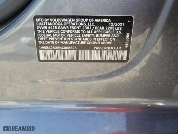 2022 Volkswagen Passat 2.0T Limited Edition with VIN 1VWBA7A38NC008826, listed as a Copart auction lot 76632514 with 0 mi miles and Salvage Title. Bid and sale history available at carsss.com. Image 13.
