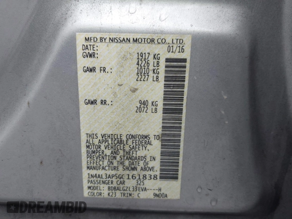 2016 Nissan Altima SV with VIN 1N4AL3AP5GC161838, listed as a IAAI auction lot 40733209 with 107,169 mi miles and . Bid and sale history available at DreamBid. Image 9.