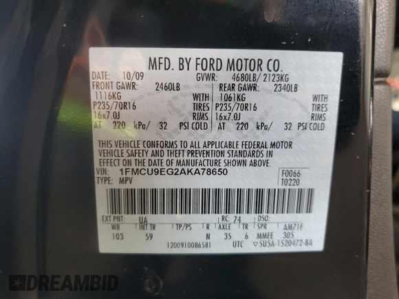 2010 Ford Escape Limited with VIN 1FMCU9EG2AKA78650, listed as a Copart auction lot 54402195 with 103,547 mi miles and Salvage title. Bid and sale history available at DreamBid. Image 12.