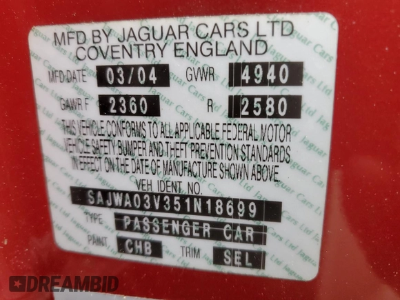 2005 Jaguar S-Type with VIN SAJWA03V351N18699, listed as a Copart auction lot 43060945 with 45,008 mi miles and Clean Title. Bid and sale history available at DreamBid. Image 12.