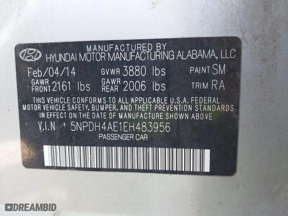 2014 Hyundai Elantra Limited with VIN 5NPDH4AE1EH483956, listed as a IAAI auction lot 41752342 with 1 mi miles. Bid and sale history available at carsss.com. Image 9.