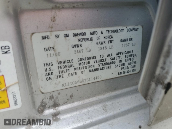 2007 Chevrolet Aveo LT with VIN KL1TG56687B114450, listed as a Copart auction lot 53069435 with 150,469 mi miles and Salvage title. Bid and sale history available at DreamBid. Image 15.