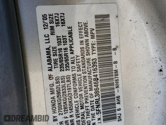 2006 Honda Odyssey EX-L with VIN 5FNRL38646B416393, listed as a Copart auction lot 53996645 with 167,844 mi miles and Salvage Title. Bid and sale history available at carsss.com. Image 12.