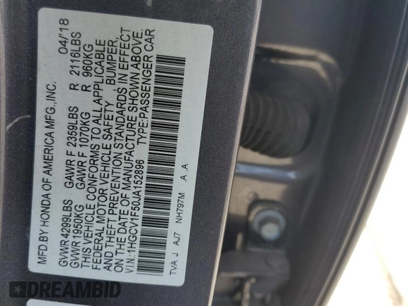 2018 Honda Accord EX-L z VIN 1HGCV1F50JA152896, wystawiony jako Copart lot #54374375 z przebiegiem 88 564 mil mil oraz Szkoda całkowita • Salvage title. Historia ofert i sprzedaży dostępna na DreamBid. Obrazek 12.