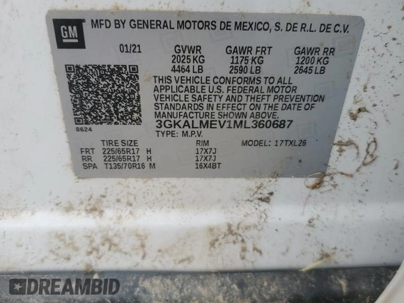 2021 GMC Terrain SLE с VIN 3GKALMEV1ML360687, выставлен на аукционе Copart как лот 58165425 с пробегом Не указан миль и Списание • Salvage title. История ставок и продаж доступна на DreamBid. Изображение 12.