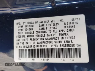2018 Acura TLX with VIN 19UUB1F33JA008030, listed as a IAAI auction lot 41646216 with 55,931 mi miles and . Bid and sale history available at DreamBid. Image 9.