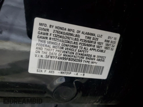 2015 Honda Pilot Touring with VIN 5FNYF4H99FB050269, listed as a Copart auction lot 50902645 with Not Provided miles and Salvage Title. Bid and sale history available at DreamBid. Image 14.