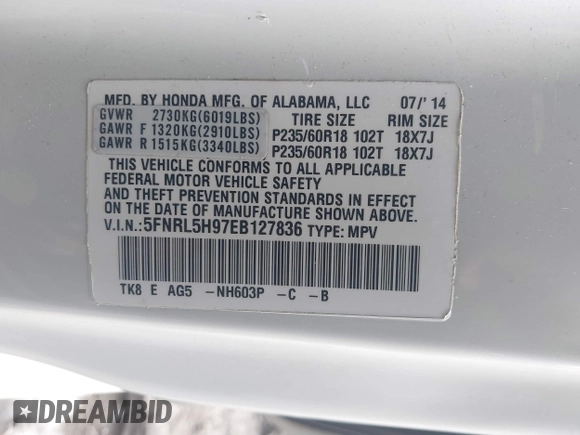 2014 Honda Odyssey Touring with VIN 5FNRL5H97EB127836, listed as a IAAI auction lot 41497413 with 174,914 mi miles and . Bid and sale history available at DreamBid. Image 9.
