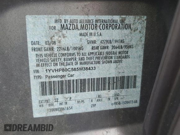 2008 Mazda 6 i Sport VE with VIN 1YVHP80C585M38433, listed as a Copart auction lot 79957794 with 102,642 mi miles and Salvage Title. Bid and sale history available at carsss.com. Image 12.