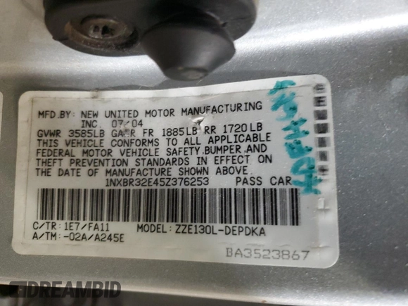 2005 Toyota Corolla CE with VIN 1NXBR32E45Z376253, listed as a Copart auction lot 51370655 with 164,580 mi miles and Clean Title. Bid and sale history available at DreamBid. Image 12.
