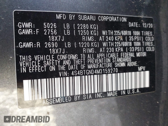 2021 Subaru Outback Limited XT with VIN 4S4BTGND4M3159270, listed as a IAAI auction lot 42171448 with 37,389 mi miles and . Bid and sale history available at DreamBid. Image 9.