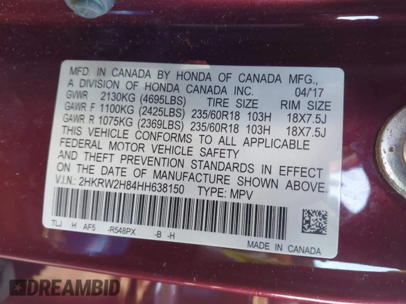 2017 Honda CR-V EX-L with VIN 2HKRW2H84HH638150, listed as a IAAI auction lot 41828859 with Not Provided miles. Bid and sale history available at carsss.com. Image 9.