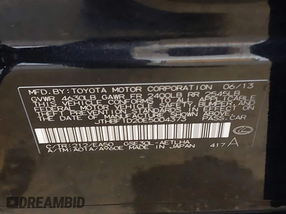 2014 Lexus IS 250 with VIN JTHBF1D20E5004373, listed as a IAAI auction lot 42189344 with 126,297 mi miles and . Bid and sale history available at DreamBid. Image 9.