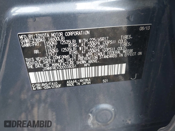 2013 Toyota RAV4 XLE with VIN JTMRFREV3DD038061, listed as a IAAI auction lot 42129300 with 79,064 mi miles and . Bid and sale history available at DreamBid. Image 9.