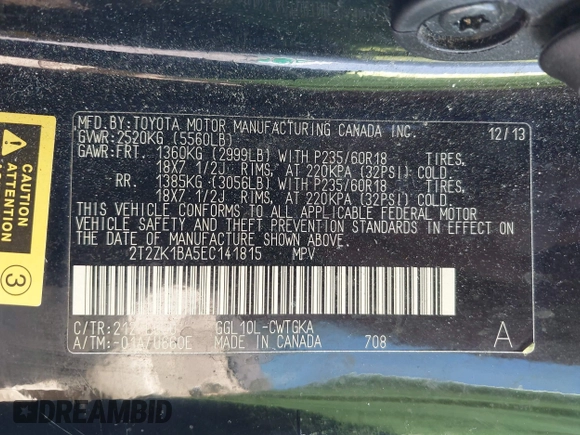 2014 Lexus RX 350 with VIN 2T2ZK1BA5EC141815, listed as a IAAI auction lot 42126898 with 152,004 mi miles and . Bid and sale history available at DreamBid. Image 9.