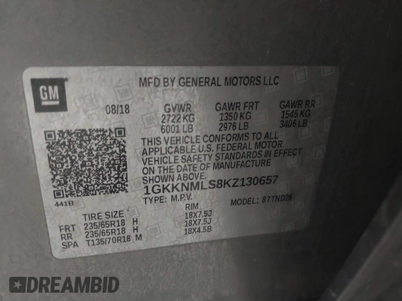 2019 GMC Acadia SLT with VIN 1GKKNMLS8KZ130657, listed as a IAAI auction lot 41745210 with 193,669 mi miles and . Bid and sale history available at DreamBid. Image 9.