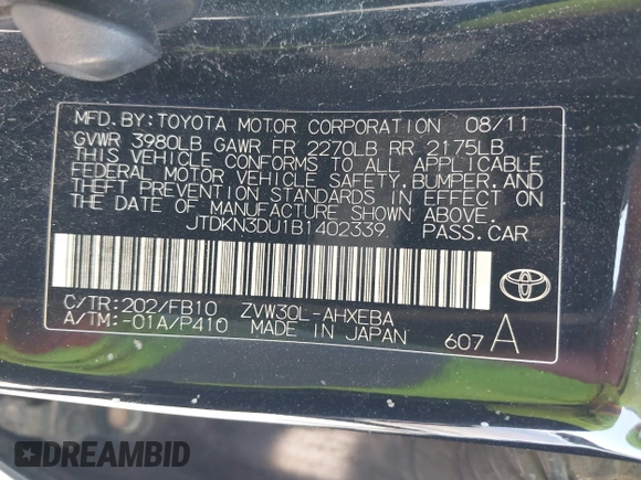 2011 Toyota Prius I with VIN JTDKN3DU1B1402339, listed as a IAAI auction lot 42000051 with 226,974 mi miles. Bid and sale history available at carsss.com. Image 9.