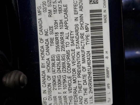2020 Honda CR-V EX-L with VIN 2HKRW2H81LH634324, listed as a Copart auction lot 60257245 with 47,135 mi miles and Salvage title. Bid and sale history available at DreamBid. Image 13.