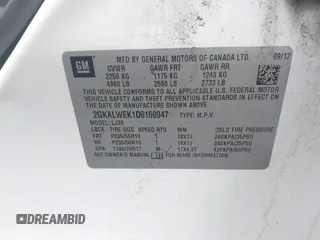 2013 GMC Terrain SLT with VIN 2GKALWEK1D6160947, listed as a IAAI auction lot 42190702 with Not provided miles and . Bid and sale history available at DreamBid. Image 9.