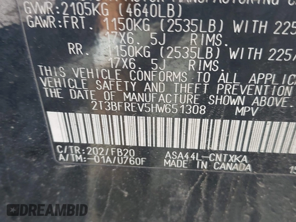 2017 Toyota RAV4 LE with VIN 2T3BFREV5HW651308, listed as a IAAI auction lot 42701783 with 112,829 mi miles and . Bid and sale history available at DreamBid. Image 9.